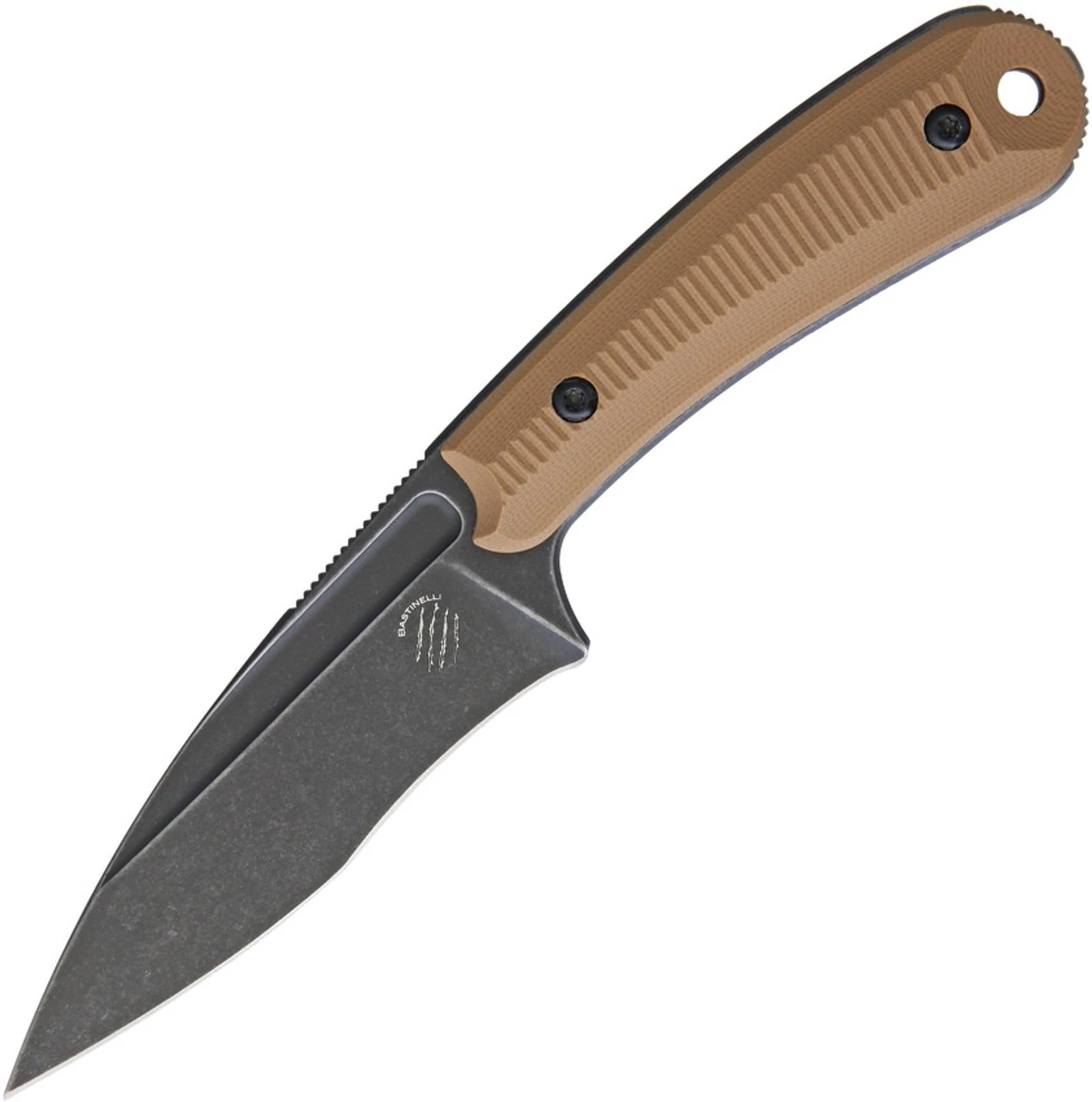Bastinelli Creations SIN Fixed Blade BAS215C, 3.5" N690Co Black Stonewashed Blade, Coyote Brown Milled G-10 Handle, Kydex Sheath