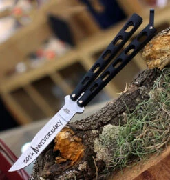 Bear & Son Cutlery 30th Anniversary Butterfly Knife ANN114B, 4.25" 440 Satin Embellished Blade, Black Zinc Handle