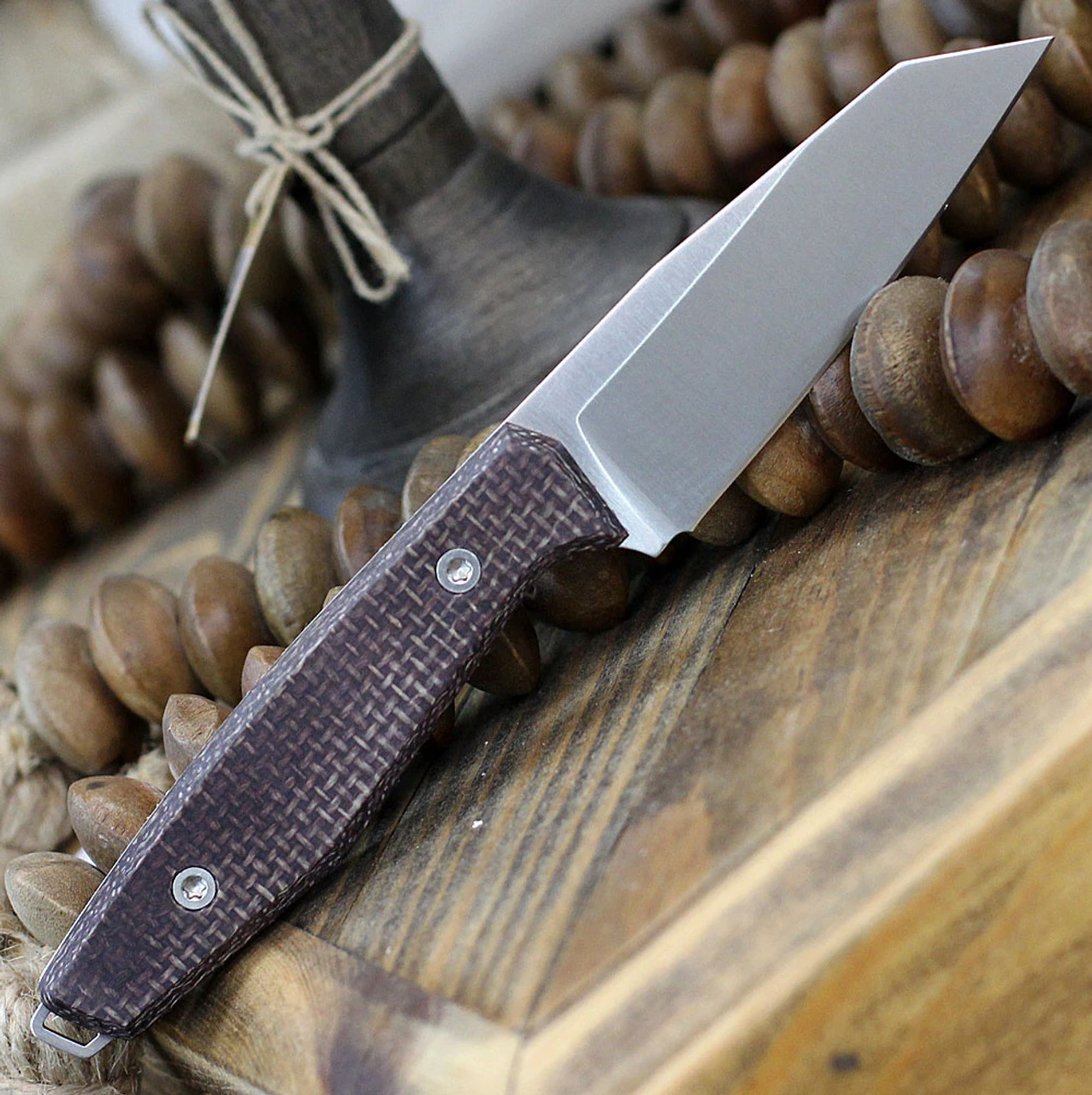 Boker AK1 Fixed Blade 121502, 3" RWL-34 Satin Reverse Tanto Blade, Bison Burlap Micarta Handle, Black Leather Sheath - Image 2