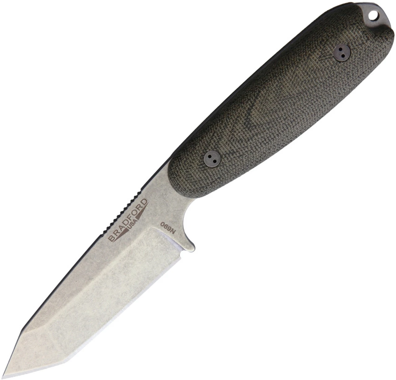 Bradford Guardian 3.5 Tanto Stonewashed N690 Blade, 3D OD Green Canvas Micarta Handle W/Brown Leather Sheath