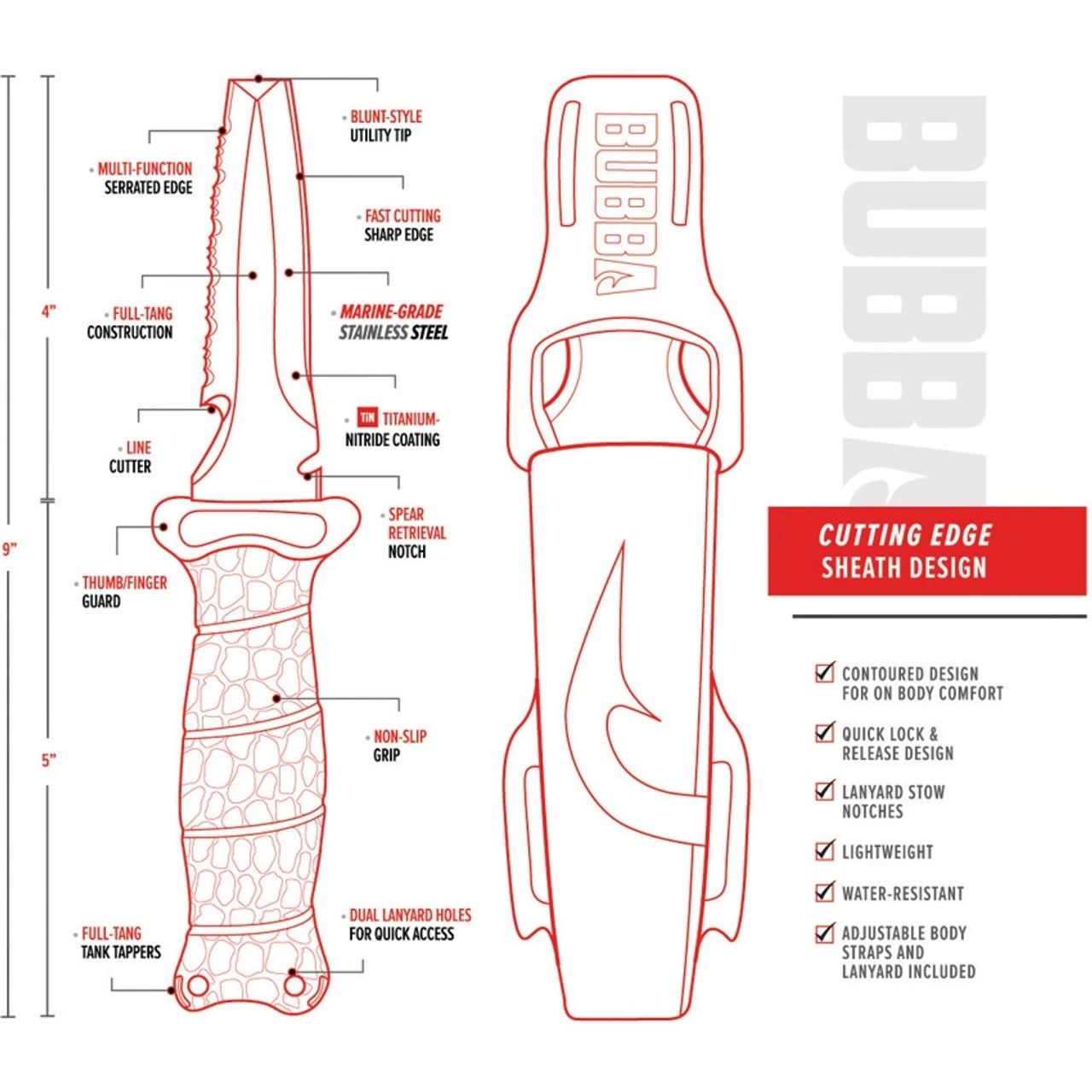 Bubba Blade Blunt Scout Dive Knife, 1107809, 4" Gray Double Edge Combo Blade, Red TPR Handle, Polymer Sheath - Image 3