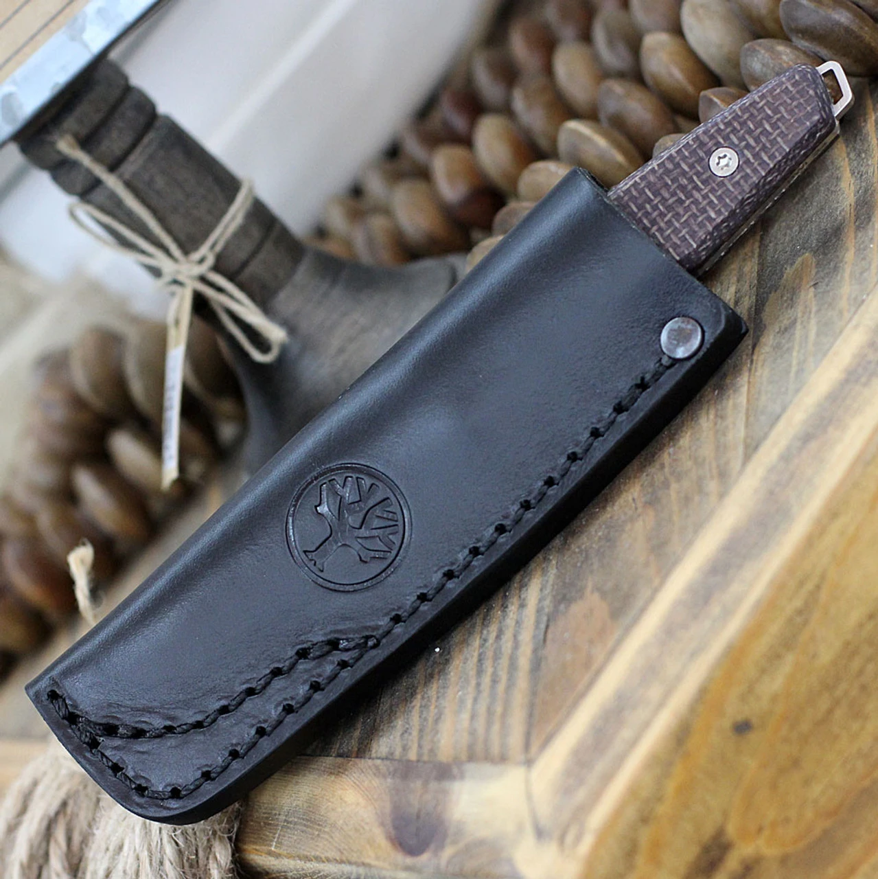 Boker AK1 Fixed Blade 121502, 3" RWL-34 Satin Reverse Tanto Blade, Bison Burlap Micarta Handle, Black Leather Sheath - Image 5